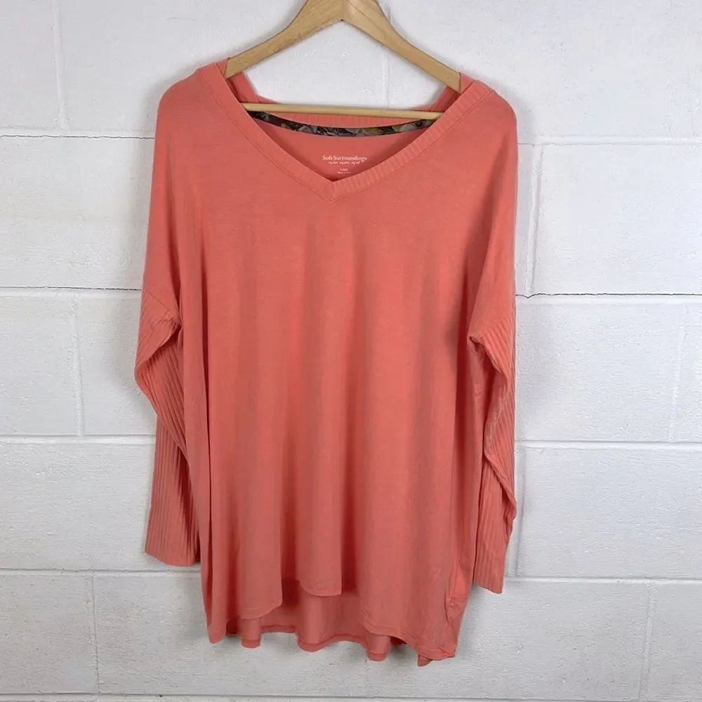 Soft Surroundings v-neck peach ribbed long sleeve tunic top